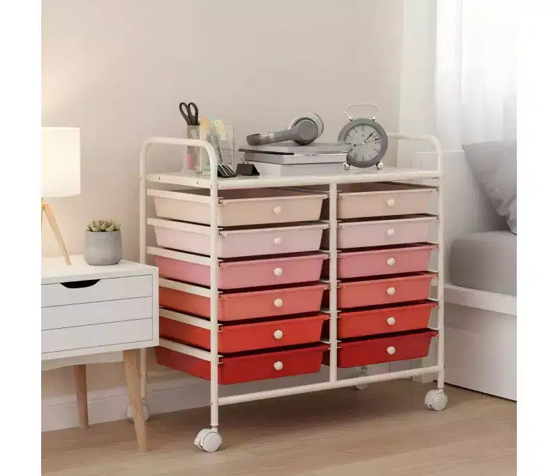Gymax Chariot de rangement mobile à 12 tiroirs, organisateur de papier roulant sur roulettes, plateau de table et tiroirs de rangement amovibles, chariot d'outils d'art et d'artisanat polyvalent