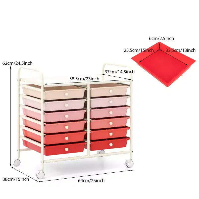 Gymax Chariot de rangement mobile à 12 tiroirs, organisateur de papier roulant sur roulettes, plateau de table et tiroirs de rangement amovibles, chariot d'outils d'art et d'artisanat polyvalent