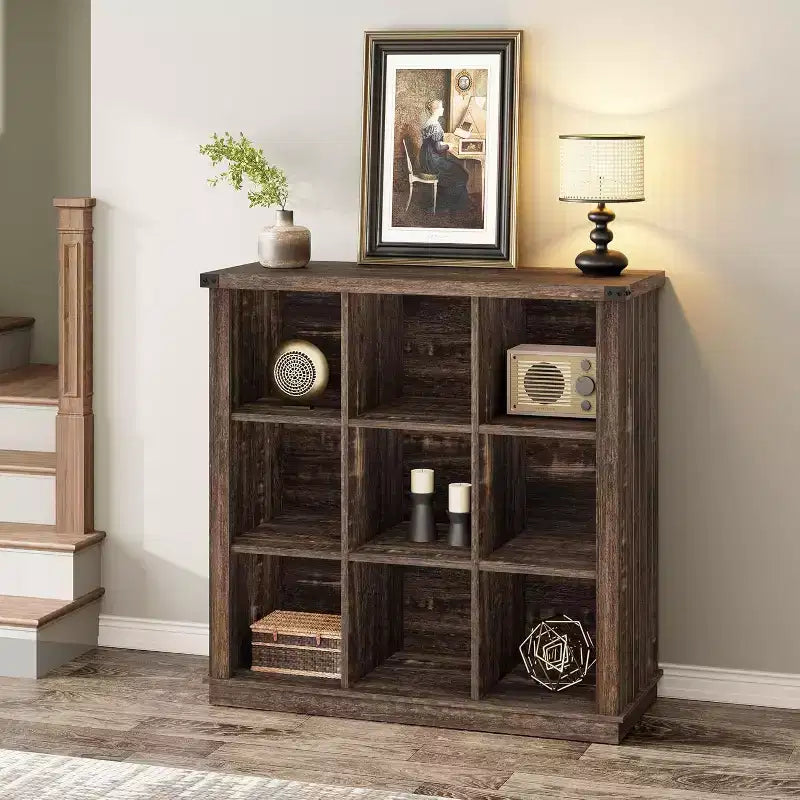Acekool Bookcase 9-Cube Low Storage Bookcase, 37.4 W x 13.8 D x 37.4 H, Enclosed Back, Easy-Clean, Entryway & Living Room