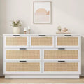 Rattan 7 Drawer Dresser, 55in Wide White 7 Chest of Drawers with Metal Handles and Wooden Sturdy Base for Bedroom Living Room Nursery Closet