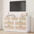 Commode en rotin à 7 tiroirs, 140 cm de large, blanche, avec poignées en métal et base en bois robuste pour chambre, salon, chambre d'enfant, placard