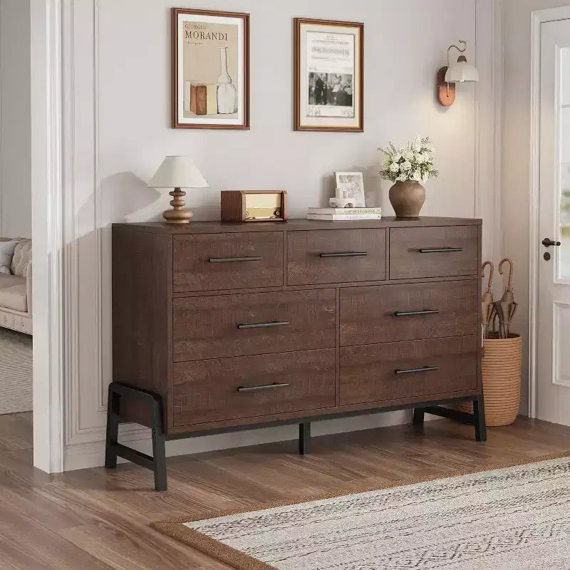 7 commodes pour chambre à coucher, coiffeuse à tiroirs autonome de 52 pouces de large avec espace de rangement, armoire de rangement en bois pour salon, entrée