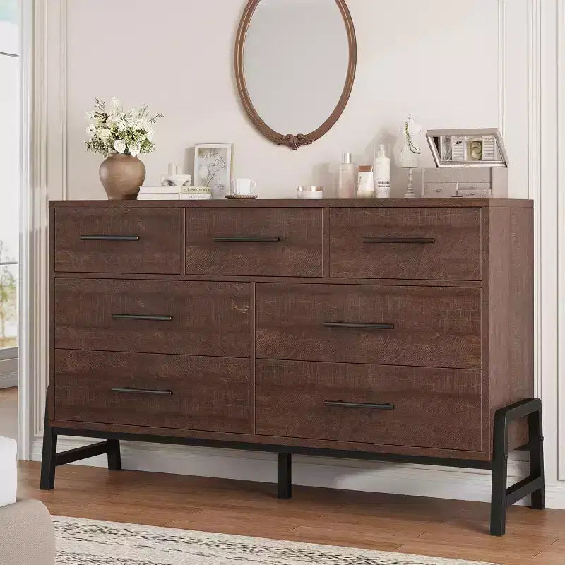 7 commodes pour chambre à coucher, coiffeuse à tiroirs autonome de 52 pouces de large avec espace de rangement, armoire de rangement en bois pour salon, entrée
