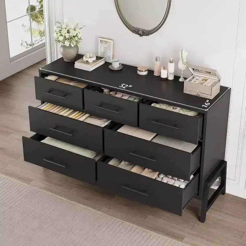 7 commodes pour chambre à coucher, coiffeuse à tiroirs autonome de 52 pouces de large avec espace de rangement, armoire de rangement en bois pour salon, entrée
