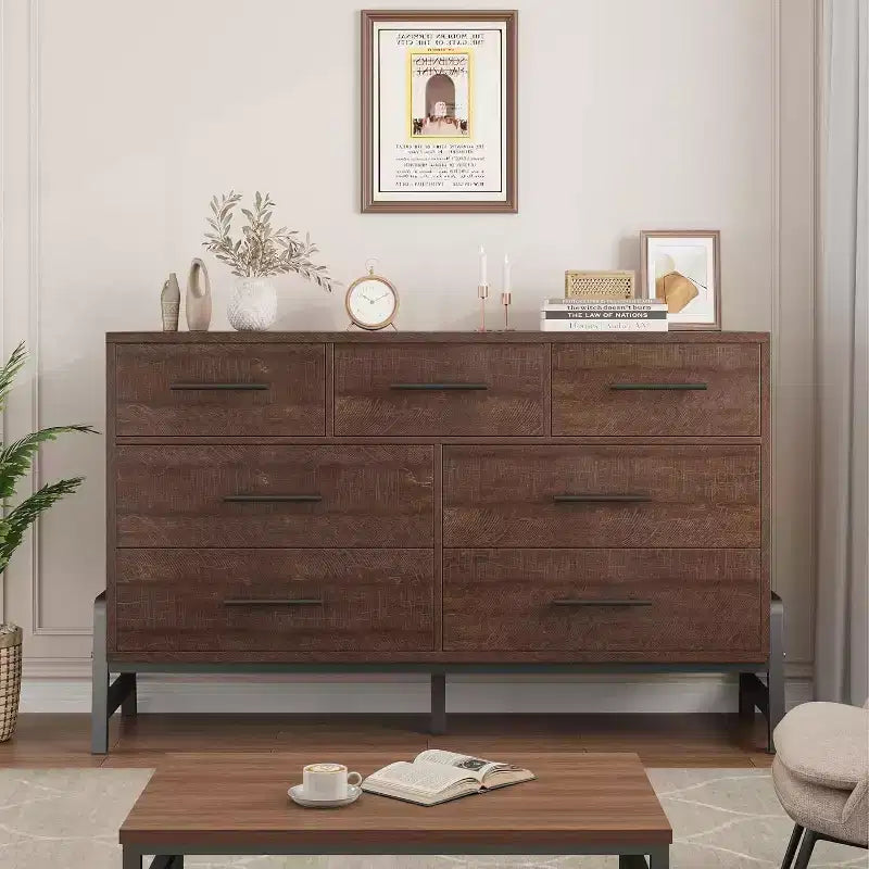 7 commodes pour chambre à coucher, coiffeuse à tiroirs autonome de 52 pouces de large avec espace de rangement, armoire de rangement en bois pour salon, entrée