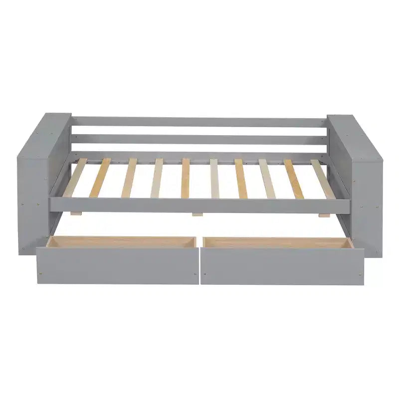 Cadre de lit de repos double en bois avec tiroirs de rangement, Cadre de lit double avec étagères de rangement pour enfants garçons filles