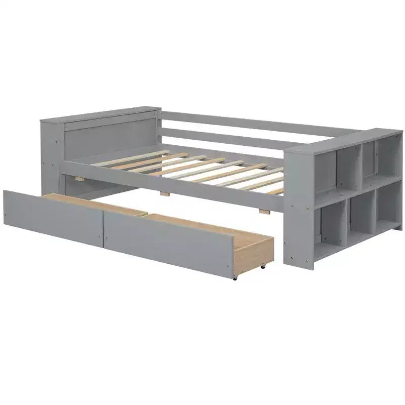 Cadre de lit de repos double en bois avec tiroirs de rangement, Cadre de lit double avec étagères de rangement pour enfants garçons filles
