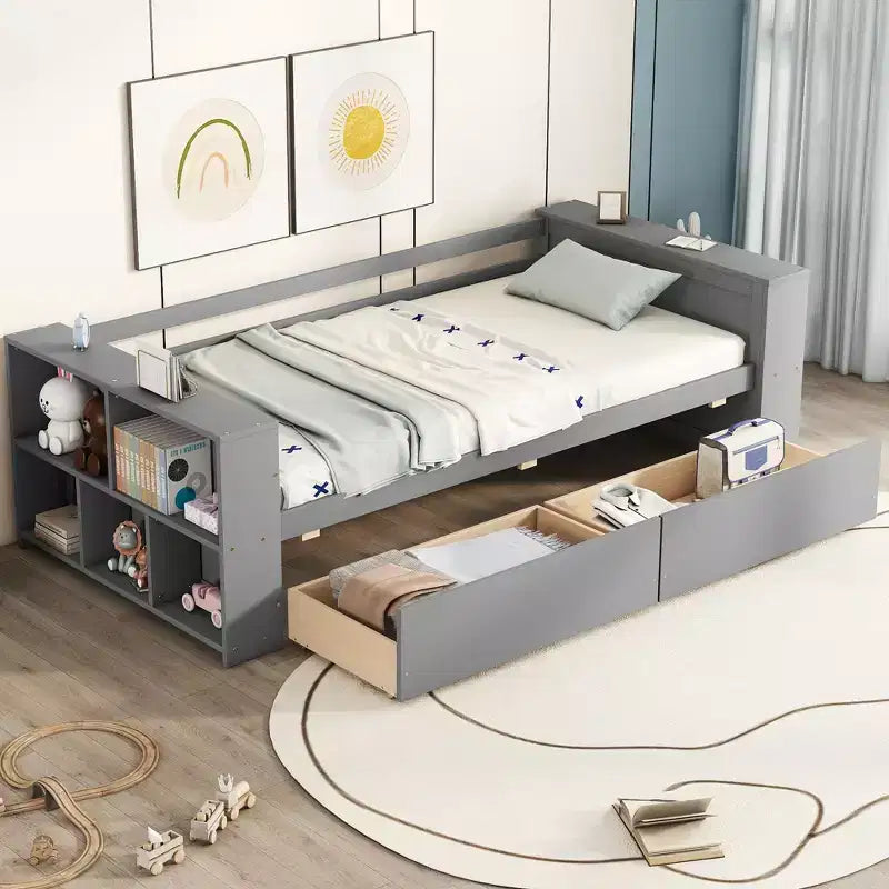 Cadre de lit de repos double en bois avec tiroirs de rangement, Cadre de lit double avec étagères de rangement pour enfants garçons filles