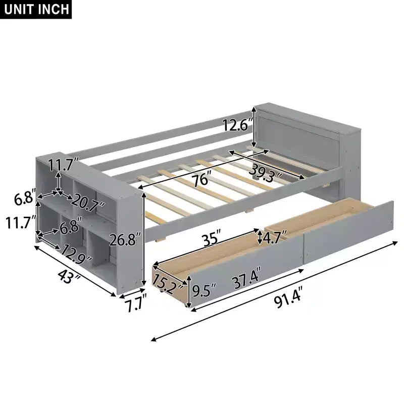 Cadre de lit de repos double en bois avec tiroirs de rangement, Cadre de lit double avec étagères de rangement pour enfants garçons filles