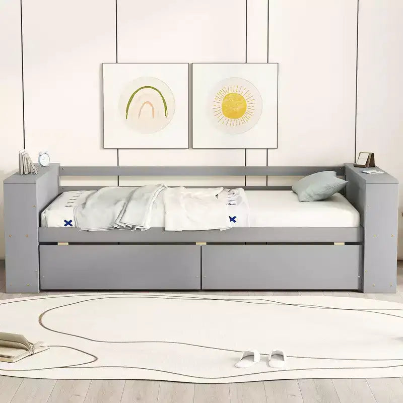 Cadre de lit de repos double en bois avec tiroirs de rangement, Cadre de lit double avec étagères de rangement pour enfants garçons filles