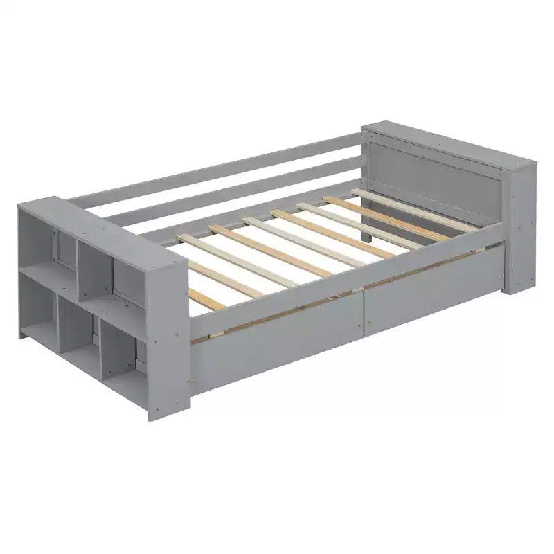 Cadre de lit de repos double en bois avec tiroirs de rangement, Cadre de lit double avec étagères de rangement pour enfants garçons filles