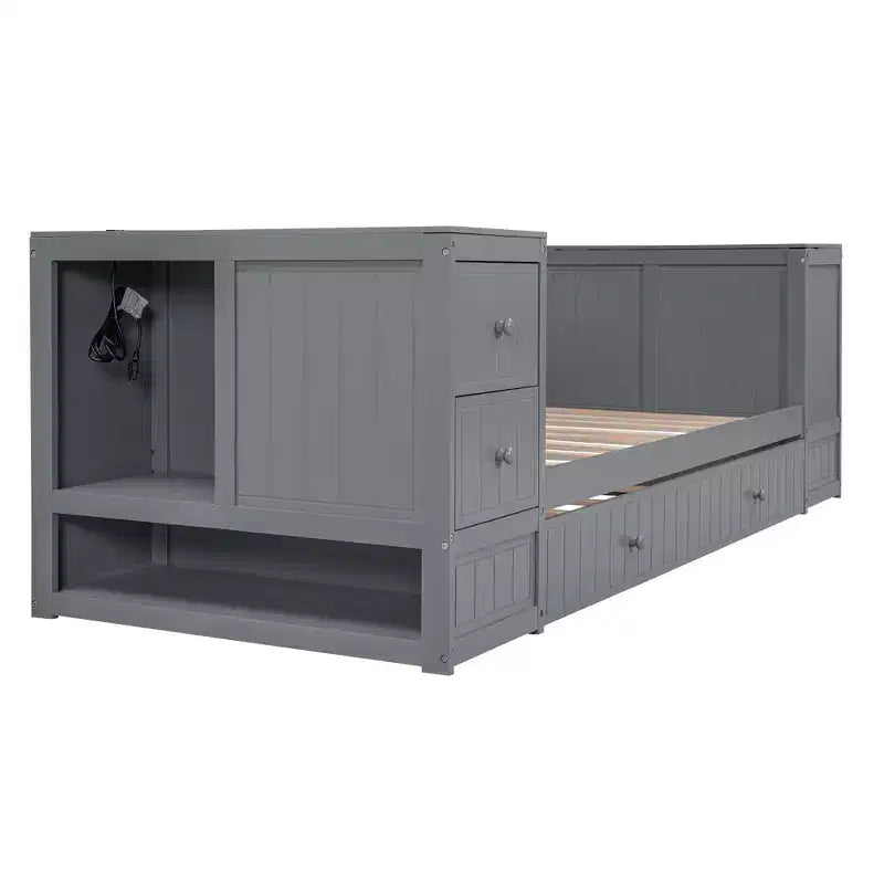 Lit de jour double avec lit gigogne et tiroirs, cadre de canapé-lit double avec accoudoirs de rangement et station de charge pour chambre à coucher et salon