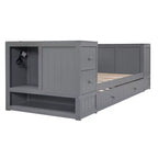 Lit de jour double avec lit gigogne et tiroirs, cadre de canapé-lit double avec accoudoirs de rangement et station de charge pour chambre à coucher et salon