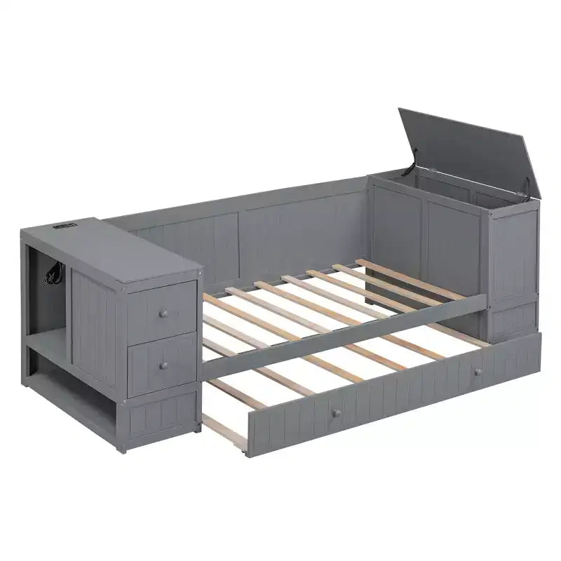 Lit de jour double avec lit gigogne et tiroirs, cadre de canapé-lit double avec accoudoirs de rangement et station de charge pour chambre à coucher et salon