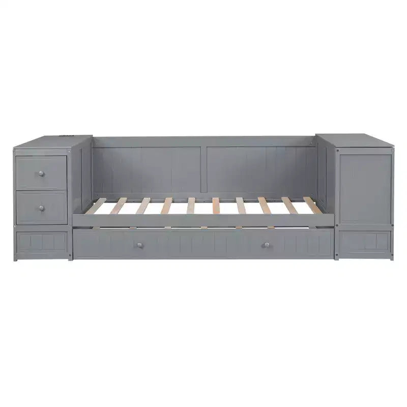 Lit de jour double avec lit gigogne et tiroirs, cadre de canapé-lit double avec accoudoirs de rangement et station de charge pour chambre à coucher et salon