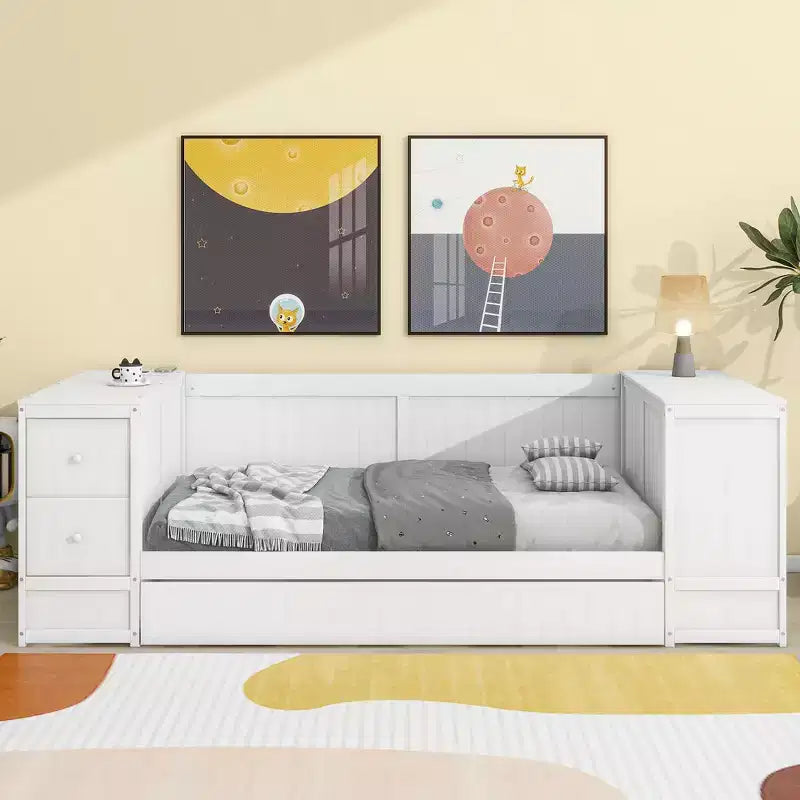 Lit de jour double avec lit gigogne et tiroirs, cadre de canapé-lit double avec accoudoirs de rangement et station de charge pour chambre à coucher et salon