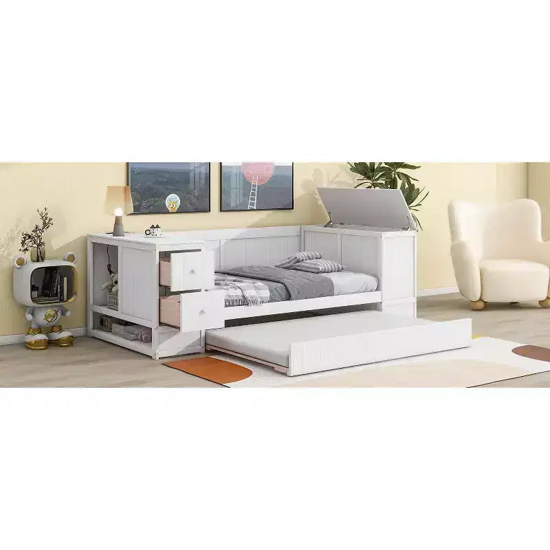 Lit de jour double avec lit gigogne et tiroirs, cadre de canapé-lit double avec accoudoirs de rangement et station de charge pour chambre à coucher et salon