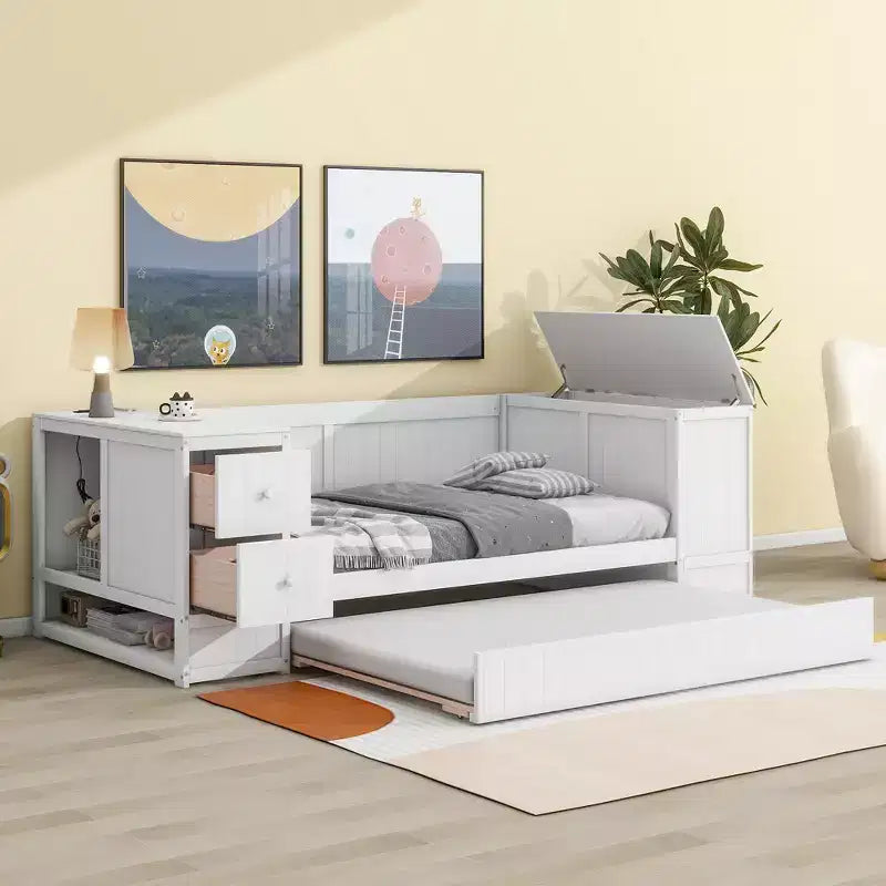 Lit de jour double avec lit gigogne et tiroirs, cadre de canapé-lit double avec accoudoirs de rangement et station de charge pour chambre à coucher et salon