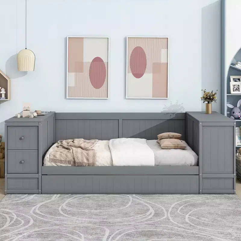 Lit de jour double avec lit gigogne et tiroirs, cadre de canapé-lit double avec accoudoirs de rangement et station de charge pour chambre à coucher et salon
