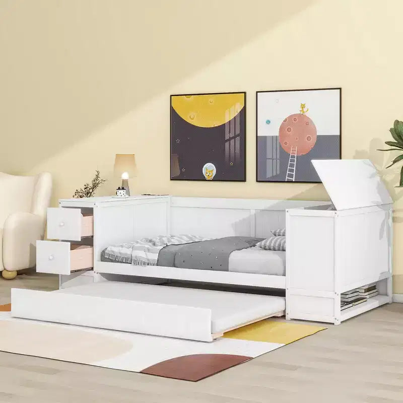 Lit de jour double avec lit gigogne et tiroirs, cadre de canapé-lit double avec accoudoirs de rangement et station de charge pour chambre à coucher et salon
