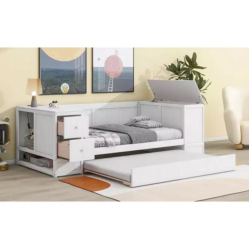 Lit de jour double avec lit gigogne et tiroirs, cadre de canapé-lit double avec accoudoirs de rangement et station de charge pour chambre à coucher et salon