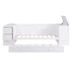 Lit de jour double avec lit gigogne et tiroirs, cadre de canapé-lit double avec accoudoirs de rangement et station de charge pour chambre à coucher et salon