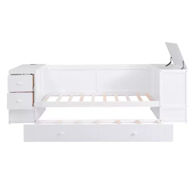 Lit de jour double avec lit gigogne et tiroirs, cadre de canapé-lit double avec accoudoirs de rangement et station de charge pour chambre à coucher et salon