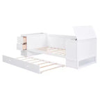Lit de jour double avec lit gigogne et tiroirs, cadre de canapé-lit double avec accoudoirs de rangement et station de charge pour chambre à coucher et salon