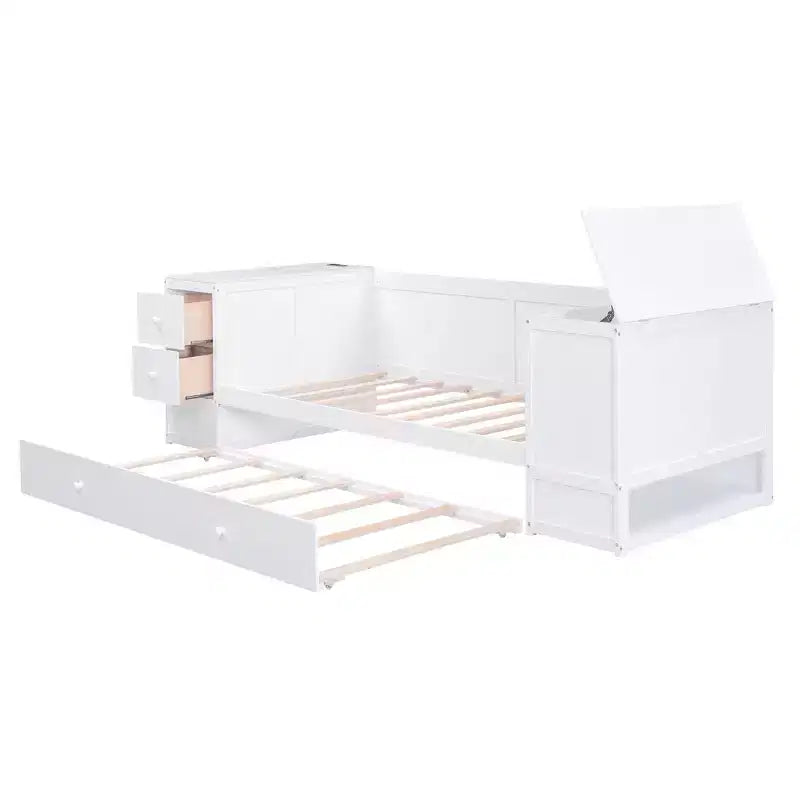 Lit de jour double avec lit gigogne et tiroirs, cadre de canapé-lit double avec accoudoirs de rangement et station de charge pour chambre à coucher et salon