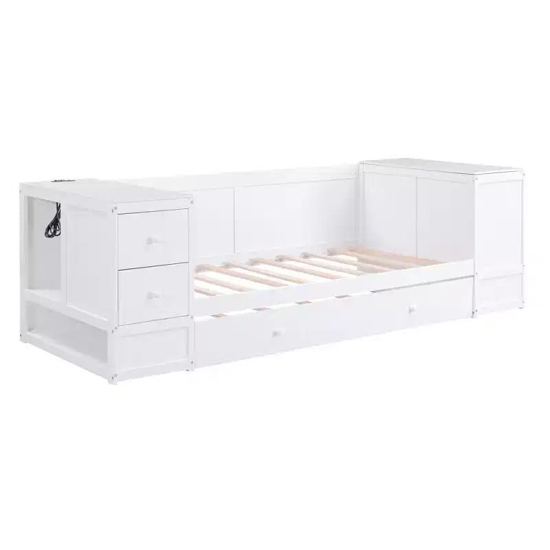 Lit de jour double avec lit gigogne et tiroirs, cadre de canapé-lit double avec accoudoirs de rangement et station de charge pour chambre à coucher et salon