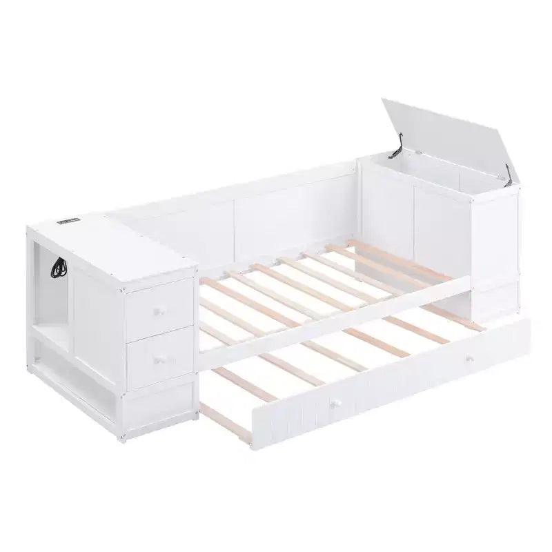 Lit de jour double avec lit gigogne et tiroirs, cadre de canapé-lit double avec accoudoirs de rangement et station de charge pour chambre à coucher et salon