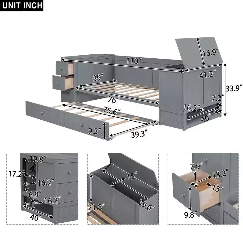 Lit de jour double avec lit gigogne et tiroirs, cadre de canapé-lit double avec accoudoirs de rangement et station de charge pour chambre à coucher et salon