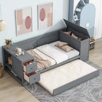 Lit de jour double avec lit gigogne et tiroirs, cadre de canapé-lit double avec accoudoirs de rangement et station de charge pour chambre à coucher et salon