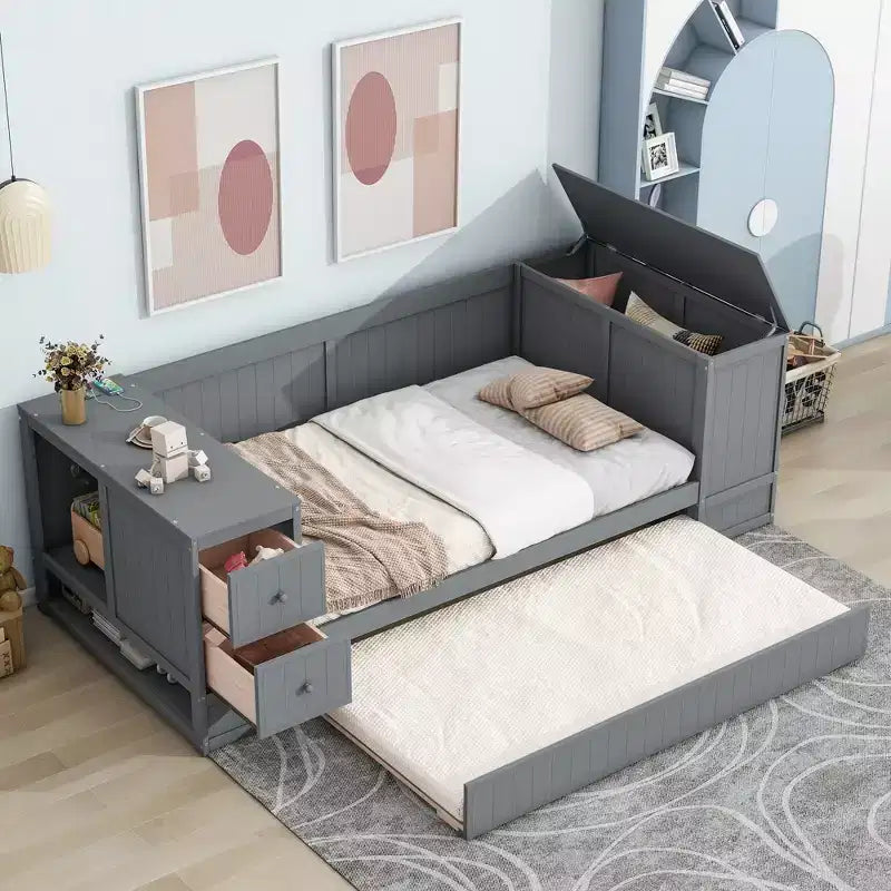 Lit de jour double avec lit gigogne et tiroirs, cadre de canapé-lit double avec accoudoirs de rangement et station de charge pour chambre à coucher et salon