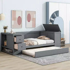 Lit de jour double avec lit gigogne et tiroirs, cadre de canapé-lit double avec accoudoirs de rangement et station de charge pour chambre à coucher et salon