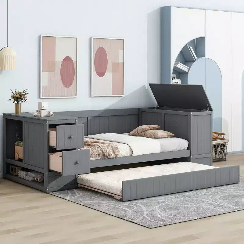 Lit de jour double avec lit gigogne et tiroirs, cadre de canapé-lit double avec accoudoirs de rangement et station de charge pour chambre à coucher et salon