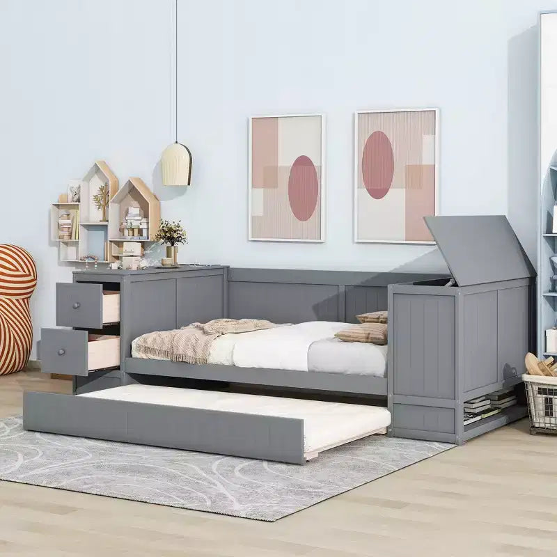 Lit de jour double avec lit gigogne et tiroirs, cadre de canapé-lit double avec accoudoirs de rangement et station de charge pour chambre à coucher et salon