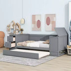 Lit de jour double avec lit gigogne et tiroirs, cadre de canapé-lit double avec accoudoirs de rangement et station de charge pour chambre à coucher et salon