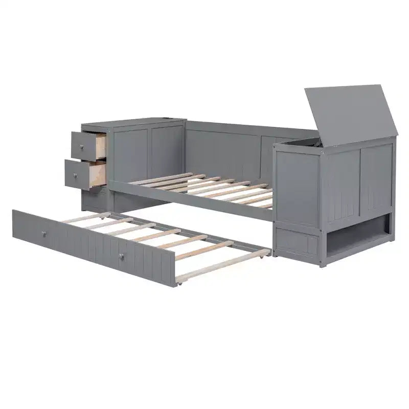 Lit de jour double avec lit gigogne et tiroirs, cadre de canapé-lit double avec accoudoirs de rangement et station de charge pour chambre à coucher et salon