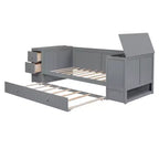 Lit de jour double avec lit gigogne et tiroirs, cadre de canapé-lit double avec accoudoirs de rangement et station de charge pour chambre à coucher et salon