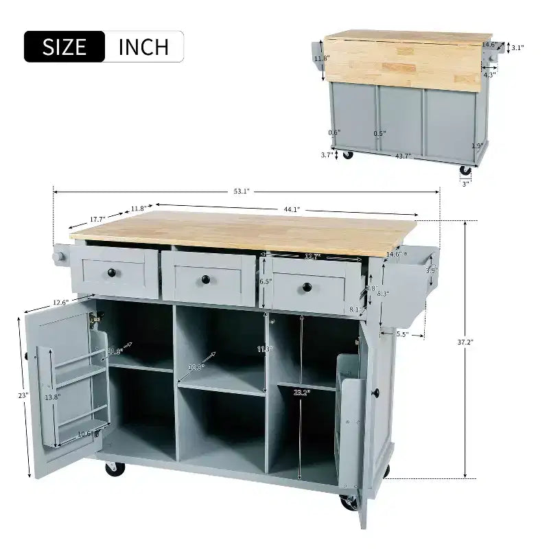 Îlot de cuisine moderne Okak avec plan de travail abattant, chariot de cuisine roulant avec étagères et tiroirs, armoire de rangement et table à manger pliante