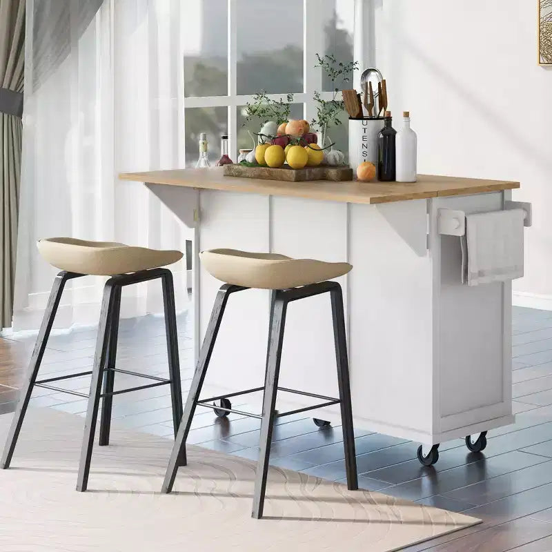 Îlot de cuisine moderne Okak avec plan de travail abattant, chariot de cuisine roulant avec étagères et tiroirs, armoire de rangement et table à manger pliante
