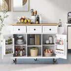 Îlot de cuisine moderne Okak avec plan de travail abattant, chariot de cuisine roulant avec étagères et tiroirs, armoire de rangement et table à manger pliante