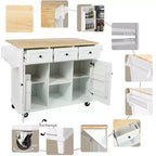Îlot de cuisine moderne Okak avec plan de travail abattant, chariot de cuisine roulant avec étagères et tiroirs, armoire de rangement et table à manger pliante