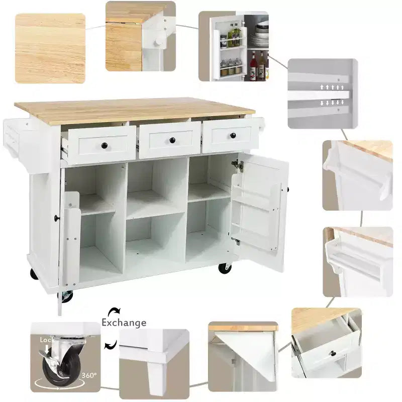 Îlot de cuisine moderne Okak avec plan de travail abattant, chariot de cuisine roulant avec étagères et tiroirs, armoire de rangement et table à manger pliante