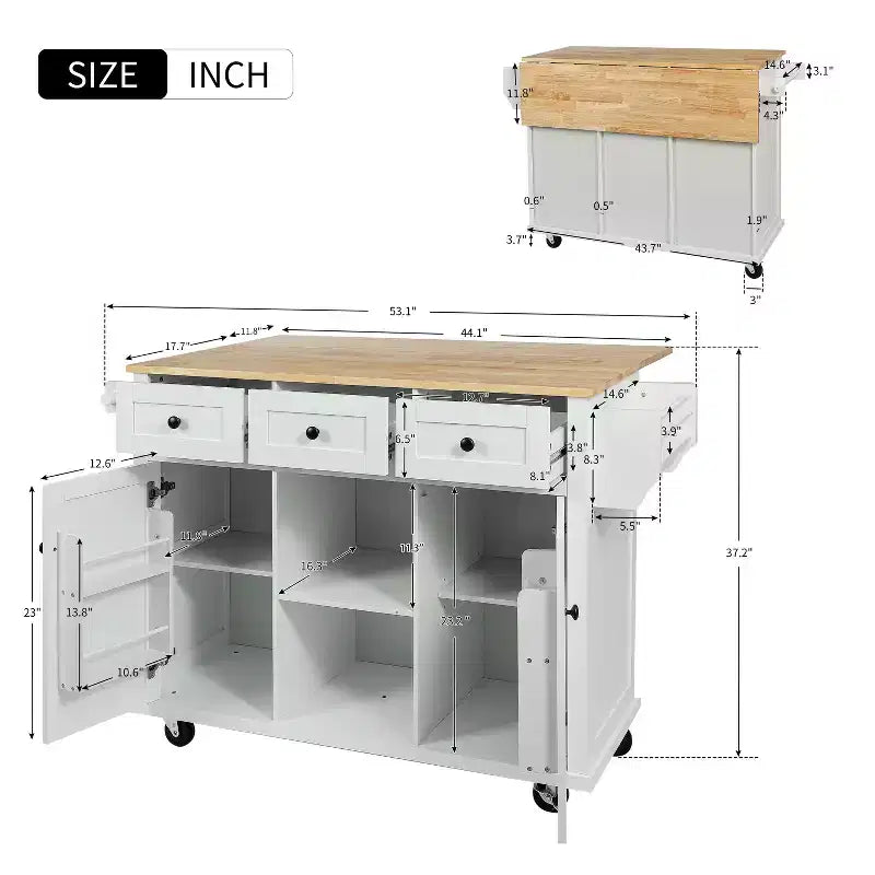 Îlot de cuisine moderne Okak avec plan de travail abattant, chariot de cuisine roulant avec étagères et tiroirs, armoire de rangement et table à manger pliante