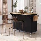 Îlot de cuisine moderne Okak avec plan de travail abattant, chariot de cuisine roulant avec étagères et tiroirs, armoire de rangement et table à manger pliante
