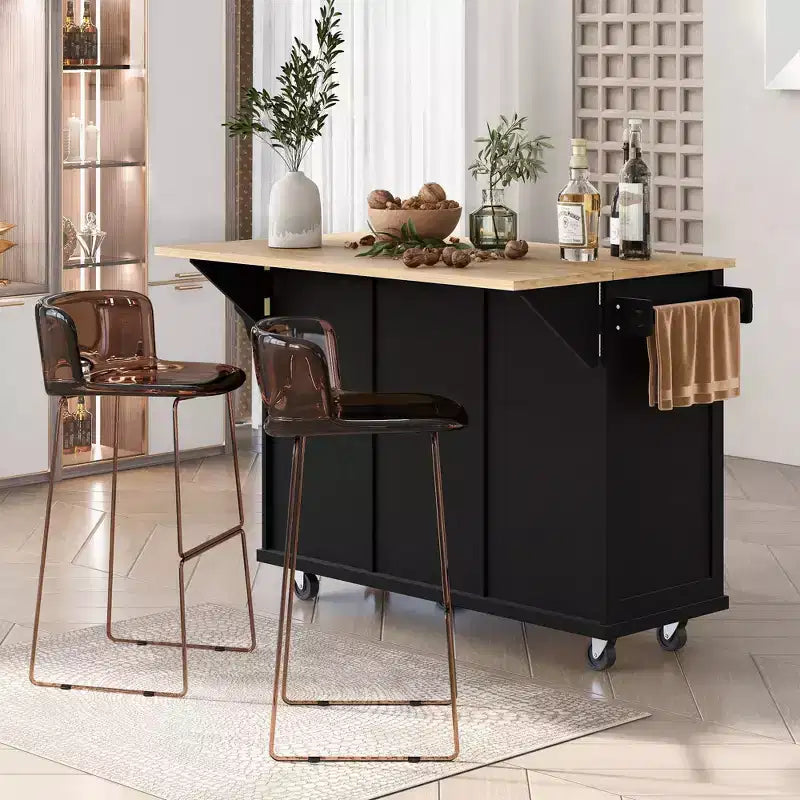 Îlot de cuisine moderne Okak avec plan de travail abattant, chariot de cuisine roulant avec étagères et tiroirs, armoire de rangement et table à manger pliante