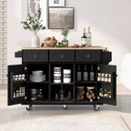Îlot de cuisine moderne Okak avec plan de travail abattant, chariot de cuisine roulant avec étagères et tiroirs, armoire de rangement et table à manger pliante