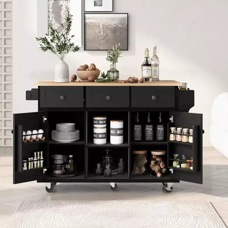 Îlot de cuisine moderne Okak avec plan de travail abattant, chariot de cuisine roulant avec étagères et tiroirs, armoire de rangement et table à manger pliante